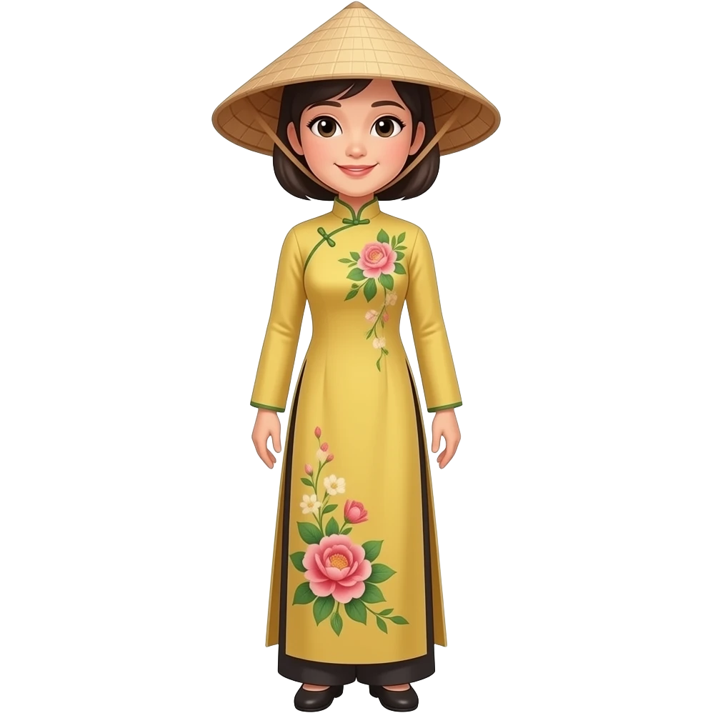 Create a woman wearing ao dai and conical hat. She is standing with the whole bodye is emoji