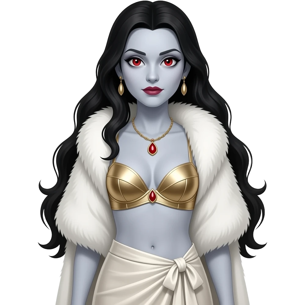 Bride of Dracula with pale grey skin, red eyes, long black hair, white fur shawl, ivory metallic bra, ivory metallic long wrap skirt, necklace and earrings emoji