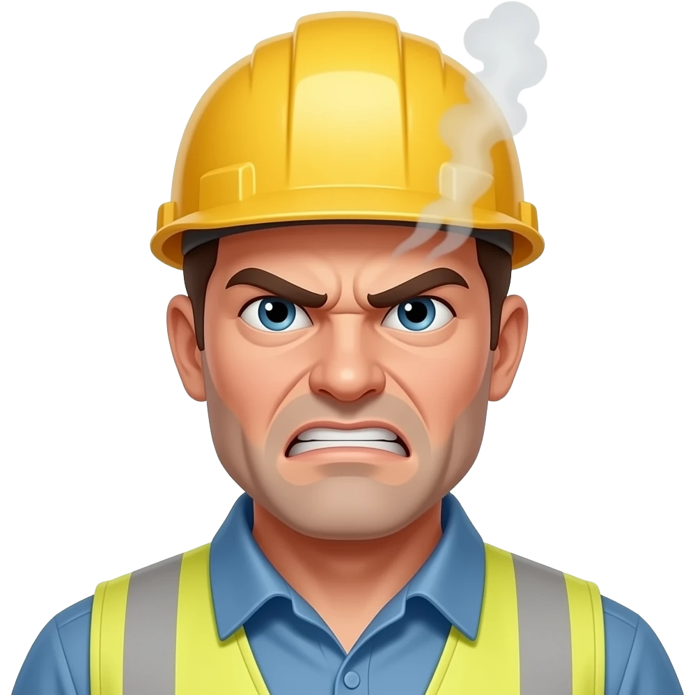 3. Angry Site Foreman    Construction foreman raging about lateness. face pic, steam coming from his head an red face emoji