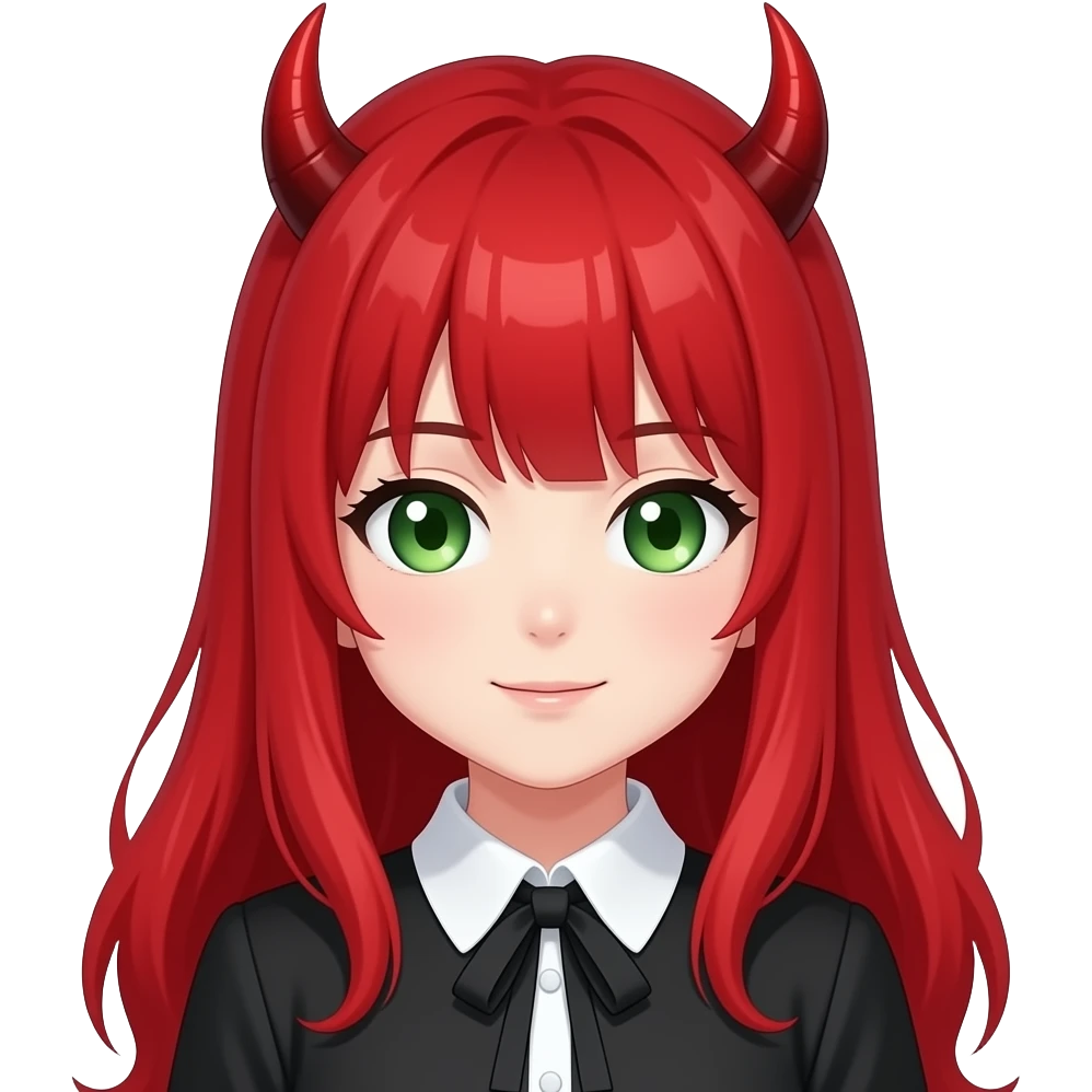 anime girl evil devil horns red hair green eyes black blouse with white ...