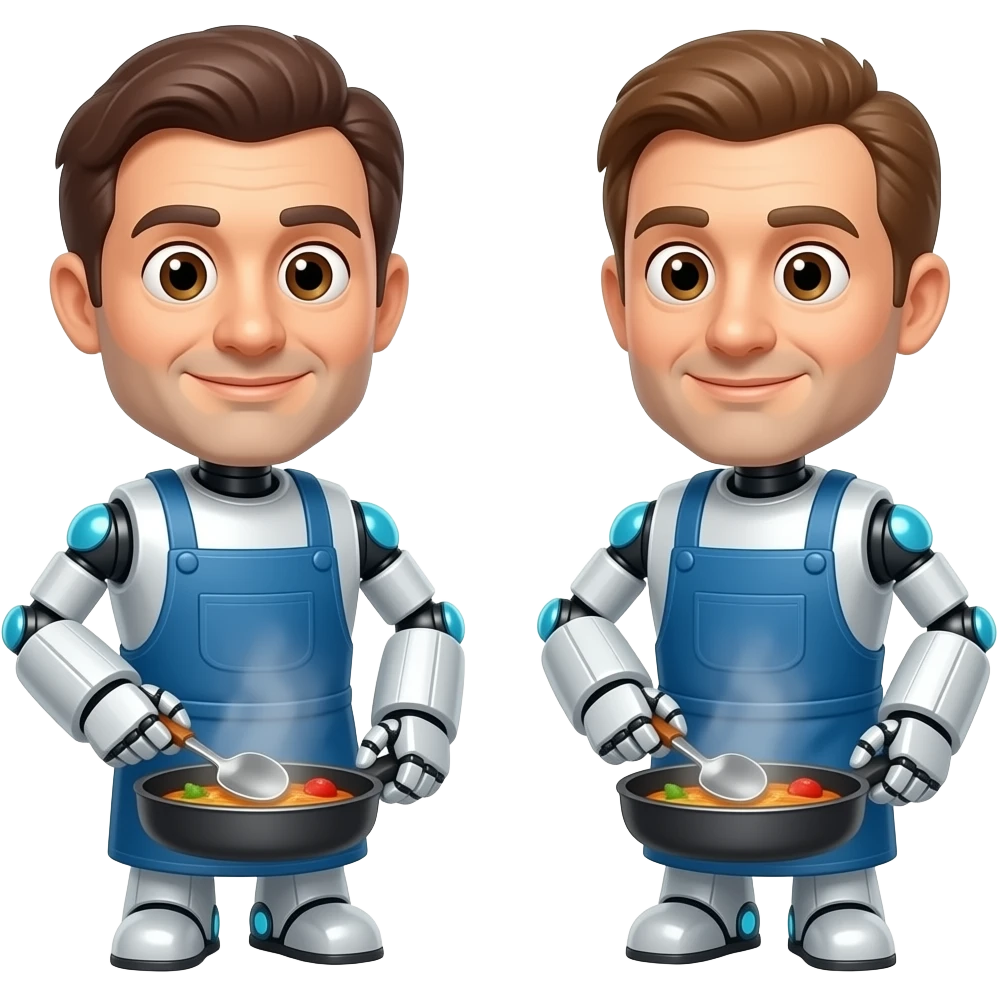pair of funny friendly looking robots cooking, their faces look like 2 different humans (white dudes in their 40s, no beard, brown hair, brown eyes) emoji
