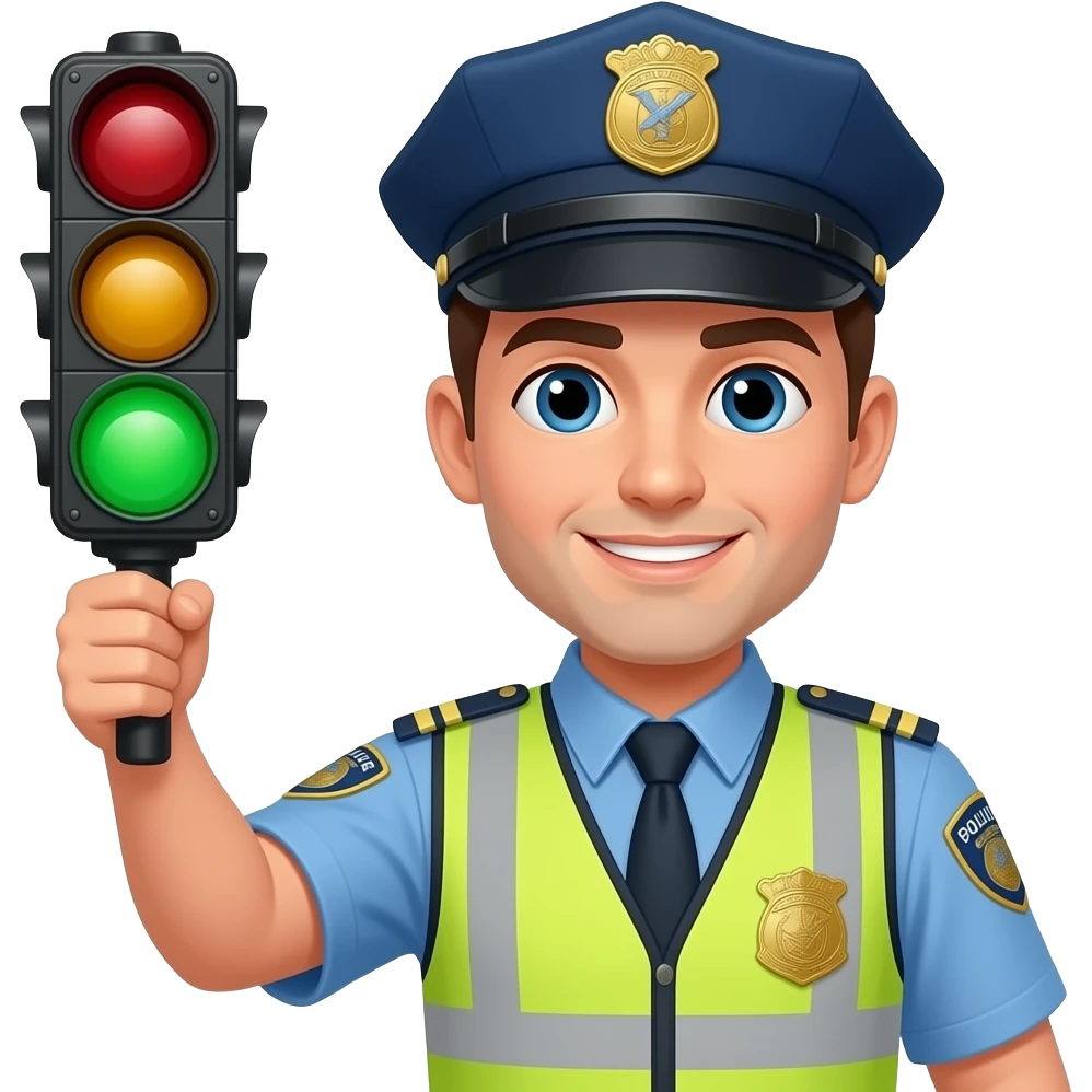 airport traffic officer wear a yellow safety vest blue uniform police cap and arm raised up and hold with green traffic light hold emoji
