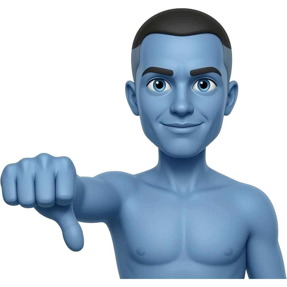 blue guy sqiggly neck with one arm doing thumb down finger middle up emoji