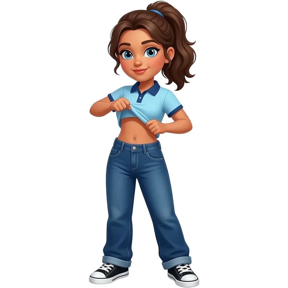 Hispanic girl with brown ponytail and blue eyes light blue dark blue lined polo and dark blue baggy jeans and belly button and black and white sneakers lifting her shirt funny belly trick emoji