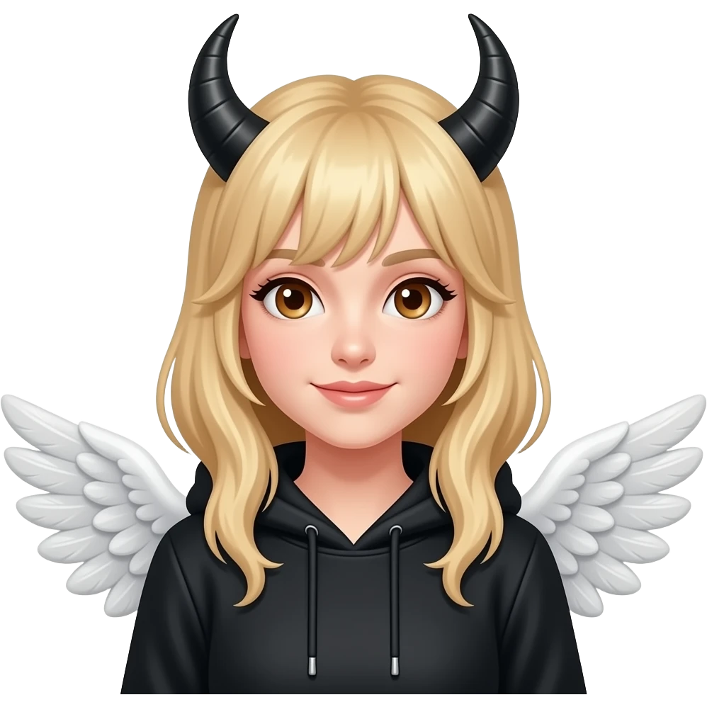 Devil horns brown eyes black hoodie angel wings emoji blonde girl emoji