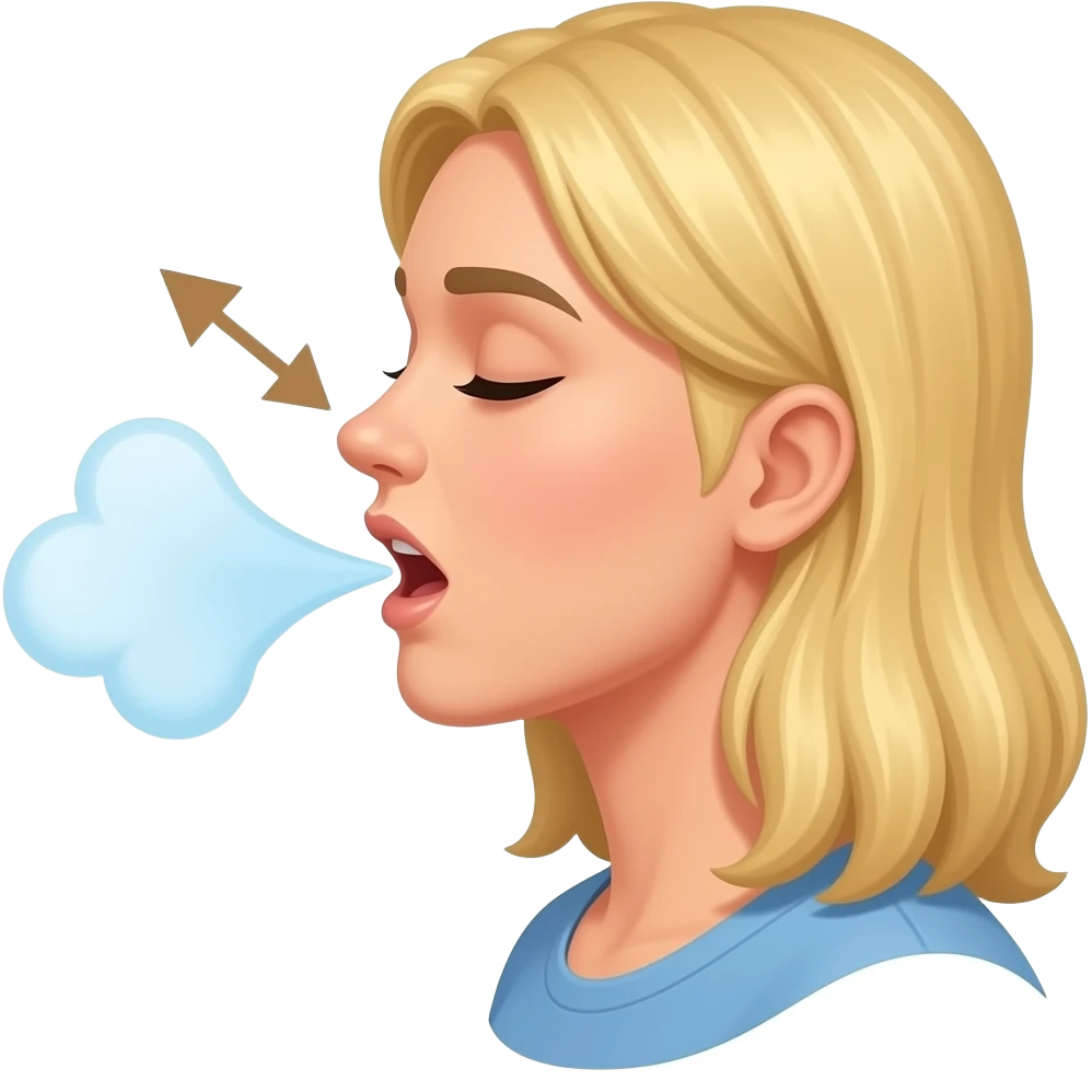respirations profondes, bouche femme blonde ouverte en forme de petit O, avec souffle qui sort, une flèche qui va vers le nez, une flèche qui sort de la bouche, vu de côté emoji