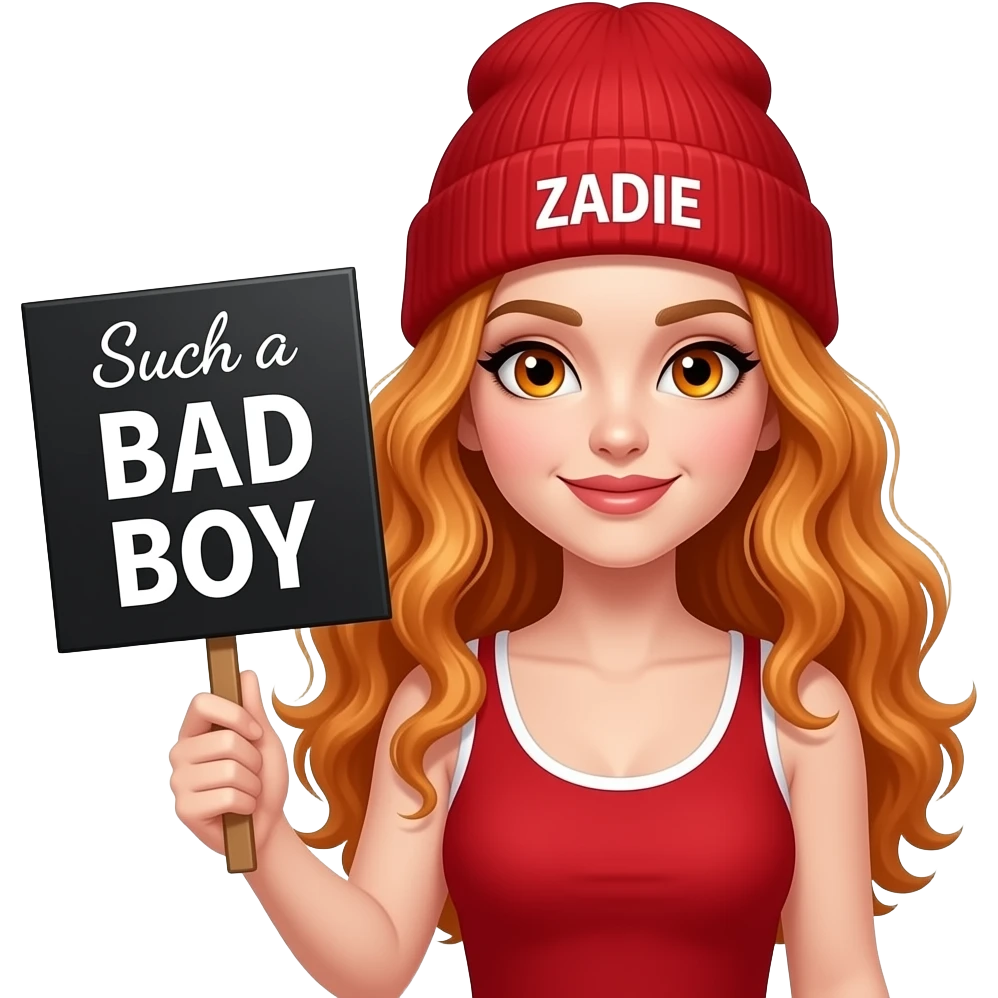 sexy girl with overlong wavy ginger hair and ginger eyes wearing a red tanktop and a red beanie with ZADIE written on it, is holding a black sign with Such a BAD BOY written on it emoji