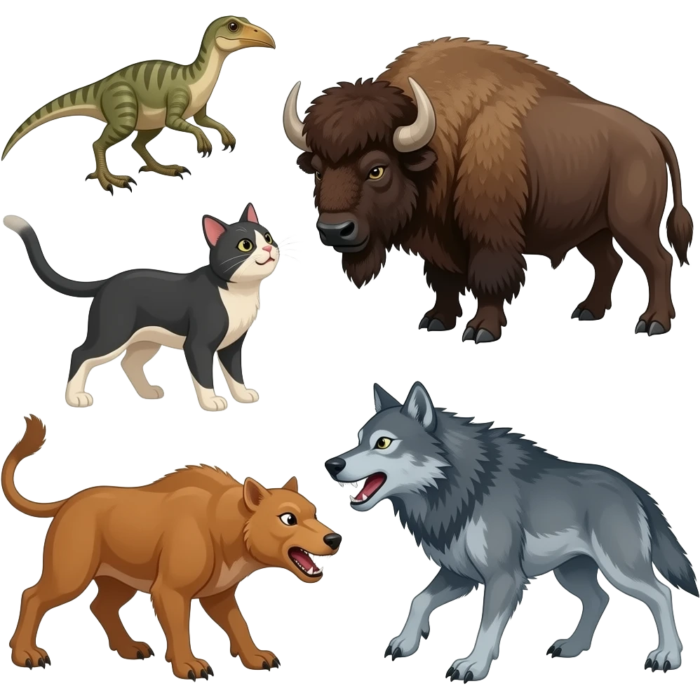 Callous and Gilbert the cat and bison vs megalania,terror bird,smilodon,dire wolf battle emoji