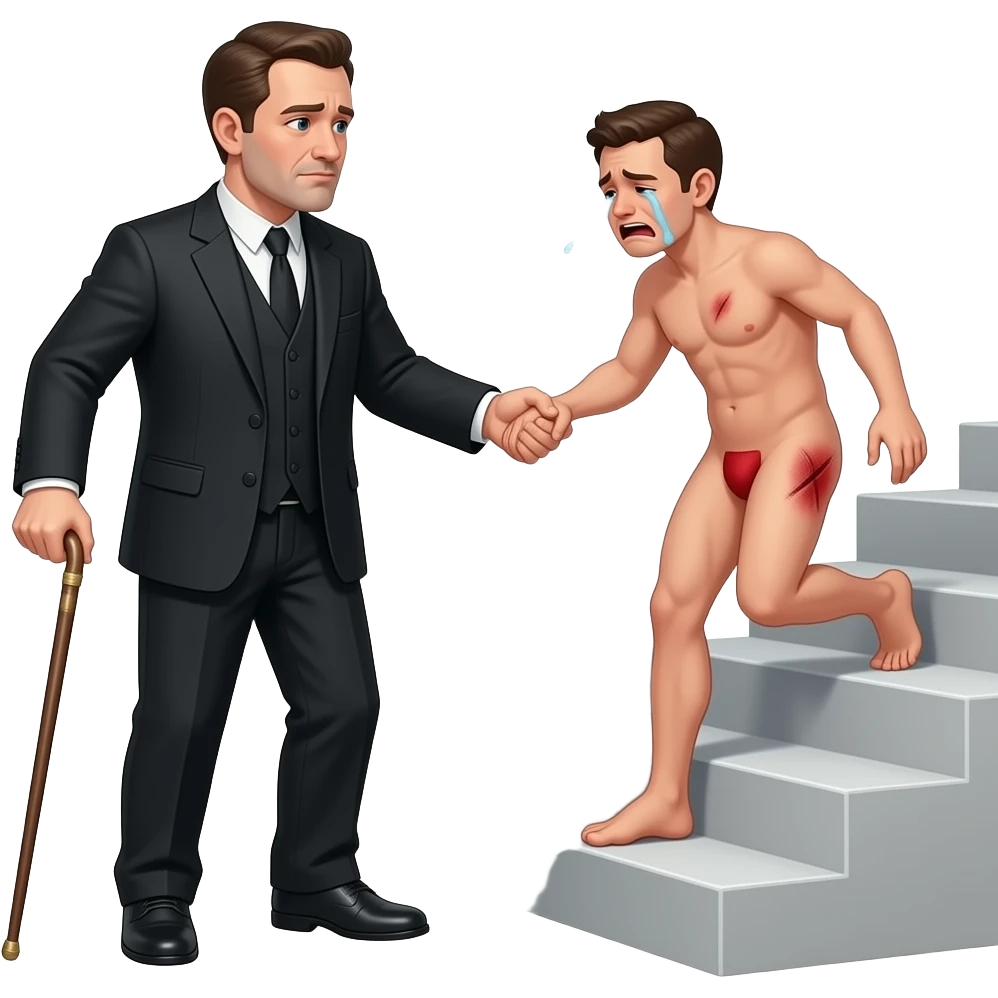 A stern clothed man with a thin whippy cane is leading by the hand and dragging behind him, a reluctant, crying, naked man up a flight of stairs, walking up towards the top,top,by the ear, his red buttocks are very bruised. emoji