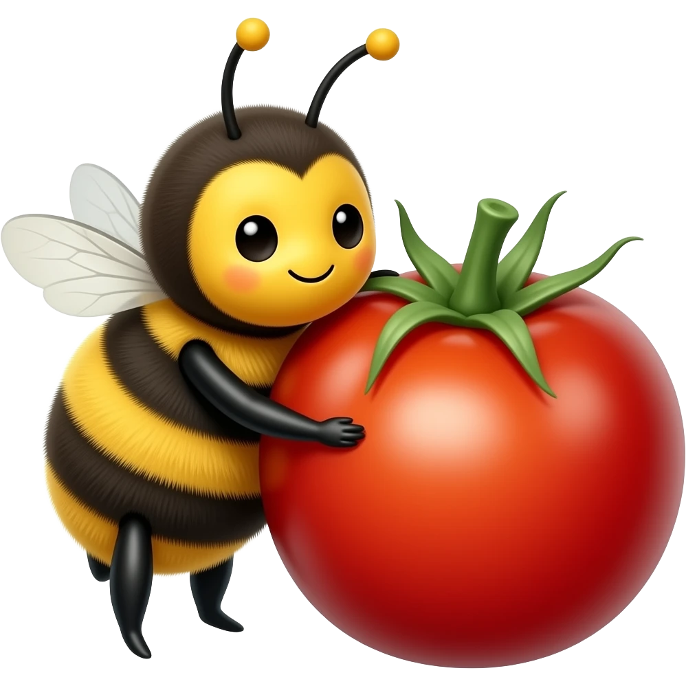 a cute bumblebee hugging a big cherry tomato emoji