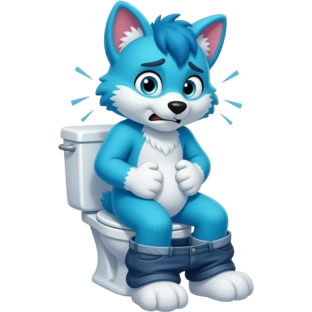 blue fursuit sitting on toilet, front view , pants down, pushing, straining face,  uncomfortable, hands on stomach emoji
