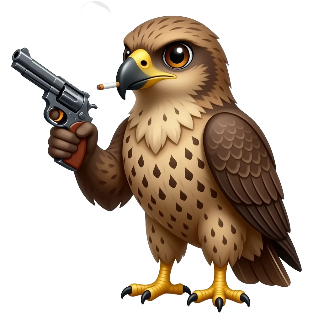 A crafty hawk with a gun smoking a cigarette emoji