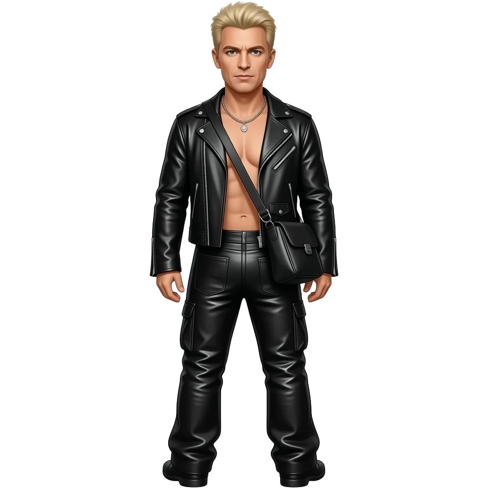 Billy Idol from behind with black metallic jacket, black metallic baggy pants, shirtless emoji