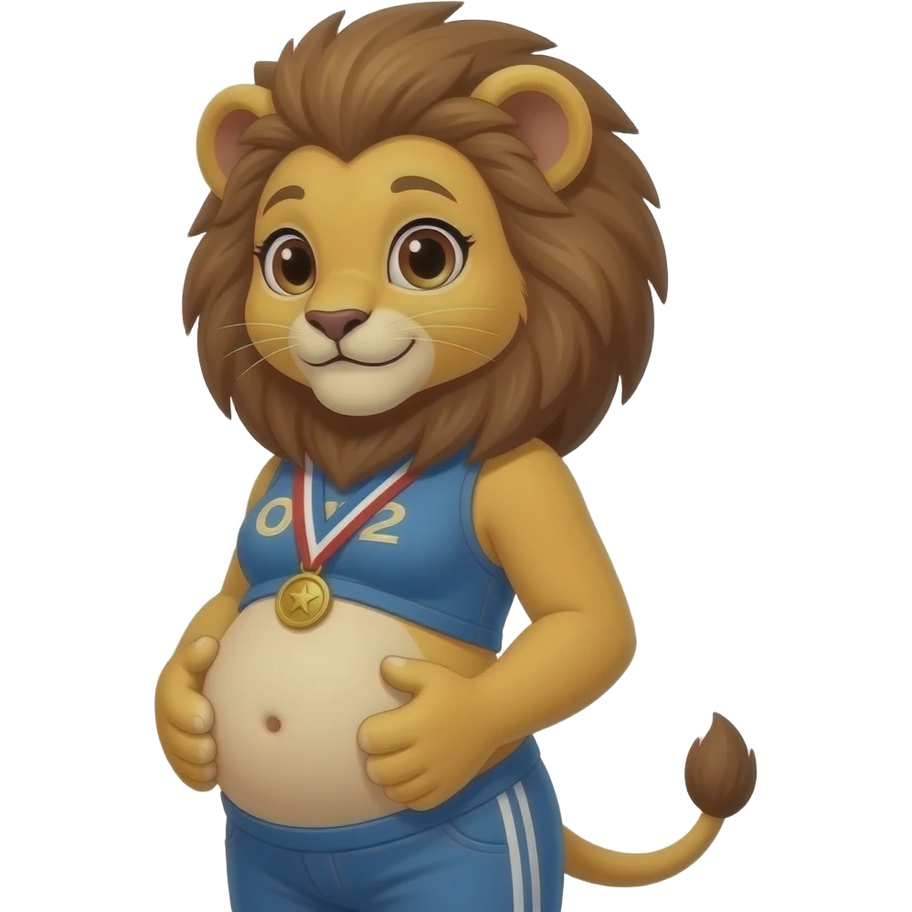 A humanoid girl lion cub,poses for the camera,have in the cutest side view of her young body,but also she is cradling and patting her rather large belly,so she is kind of fat,Bellybutton,she had just won an eating contest while gaining weight in the process,A full Tummy as an award. emoji