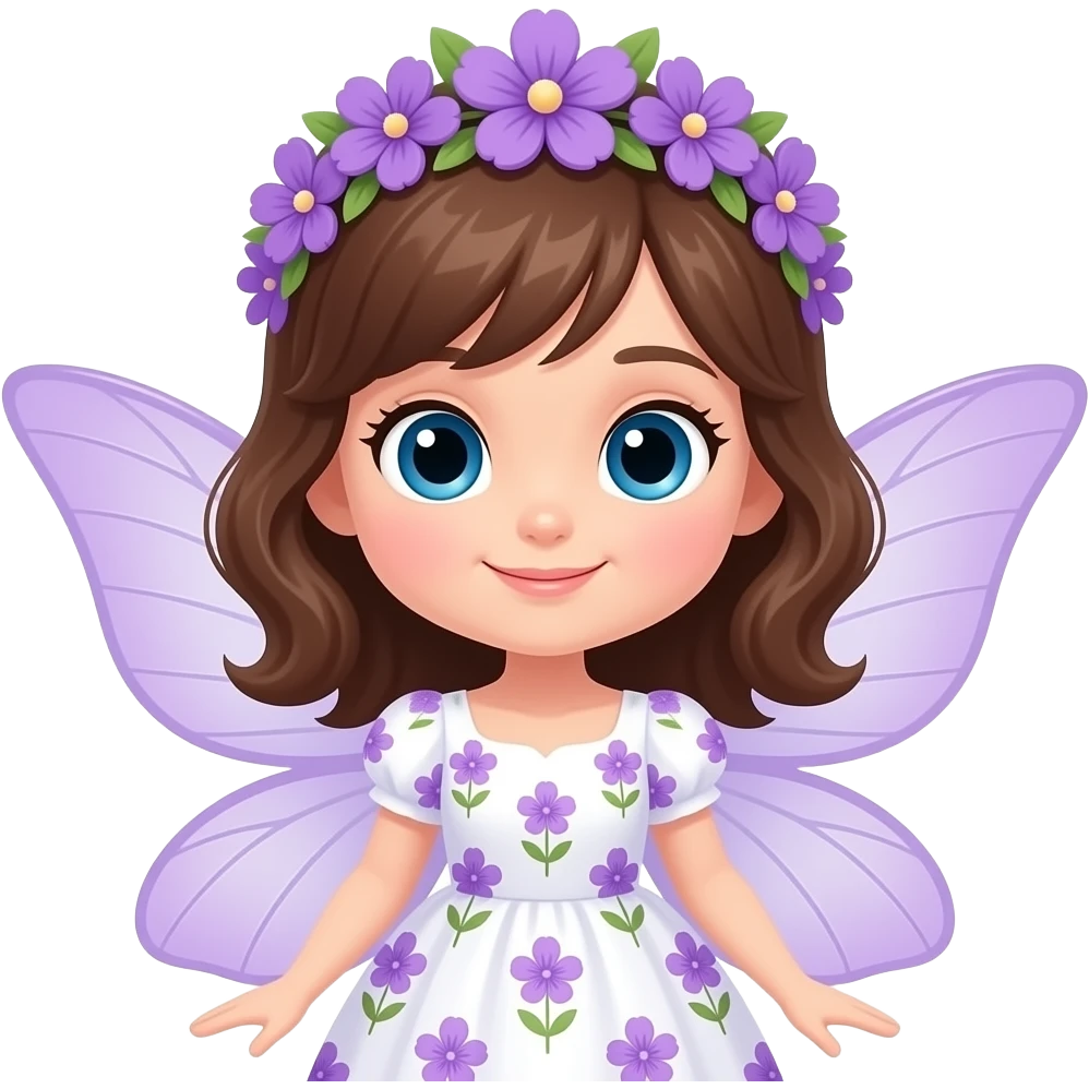 Cute cartoon fairy with large blue eyes and brown hair styled in soft, wavy locks reminiscent of violet petals in a violet flower crown, wearing a white dress with a delicate violet floral pattern, her translucent light violet wings spread emoji
