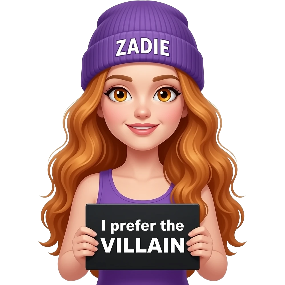 sexy girl with overlong wavy ginger hair and ginger eyes wearing a purple tanktop and a purple beanie with ZADIE written on it, is holding a black sign with I prefer the VILLAIN written on it emoji