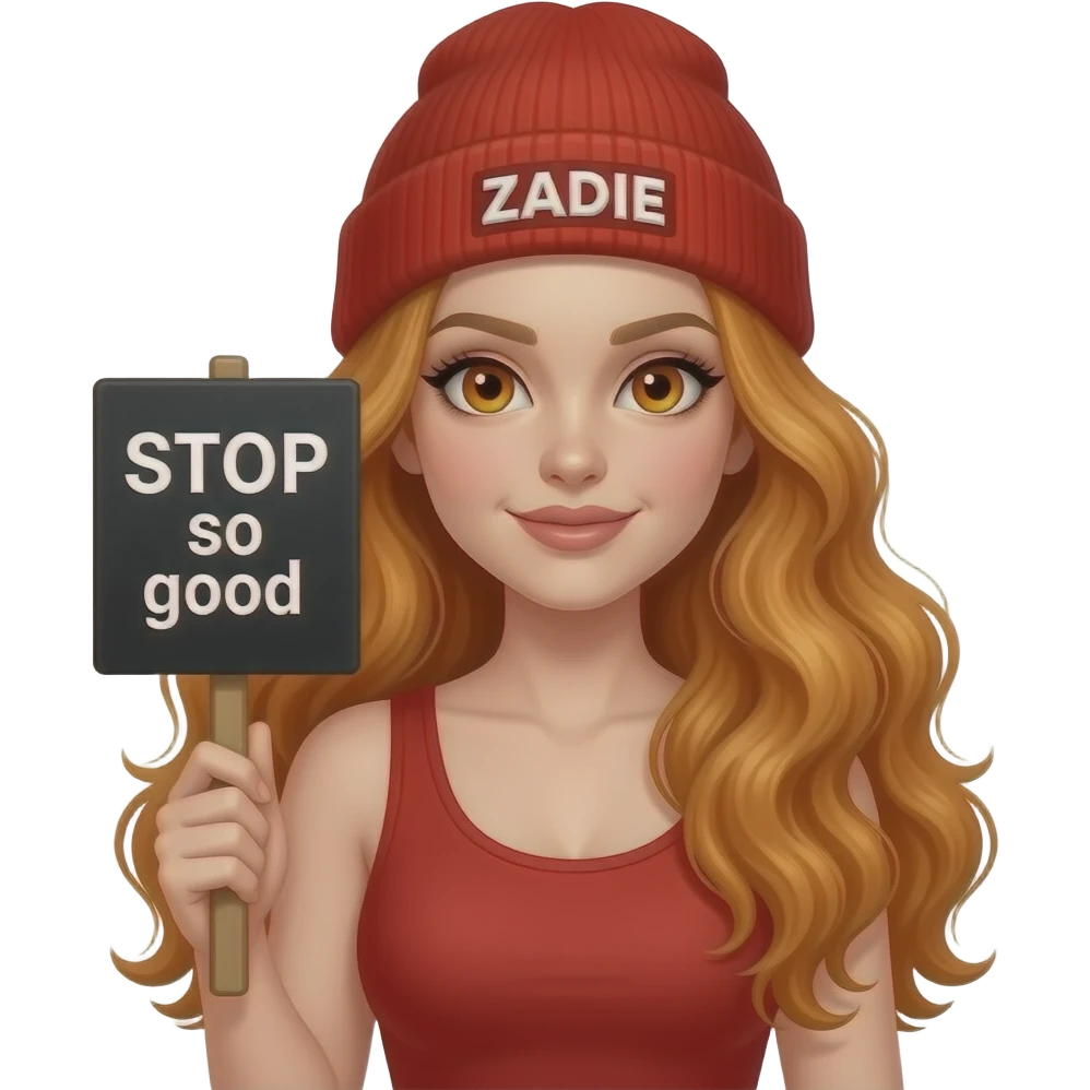 sexy girl with overlong wavy ginger hair and ginger eyes wearing a red tanktop and a red beanie with ZADIE written on it, is holding a black sign with STOP looking so good written on it emoji