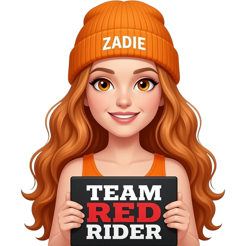 sexy girl with overlong wavy ginger hair and ginger eyes wearing a orange tanktop and a orange beanie with ZADIE written on is holding a black sign with just TEAM RED RIDER on it emoji