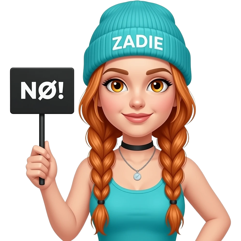 sexy girl with overlong ginger braids and ginger eyes wearing a turquoise tanktop and a turquoise beanie with ZADIE written on it, is holding a black sign with NÖ! written on it emoji
