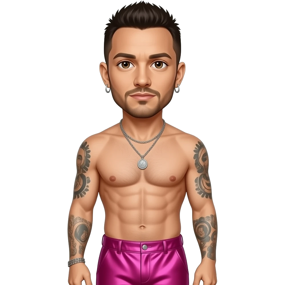 Chester Bennington with dark brown eyes, dark brown hair, hot pink metallic baggy pants, shirtless with necklace and earrings emoji