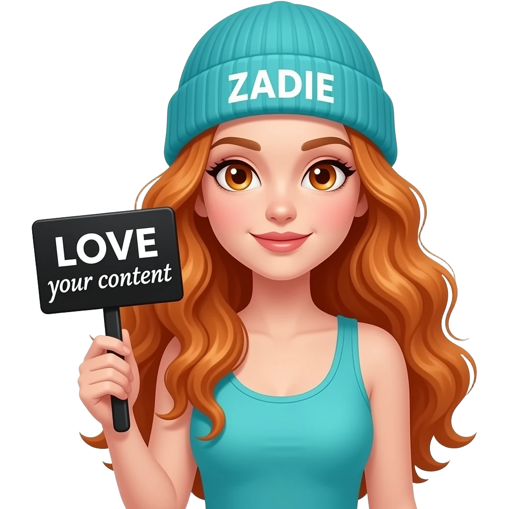 sexy girl with overlong wavy ginger hair and ginger eyes wearing a turquoise tanktop and a turquoise beanie with ZADIE written on it, is holding a black sign with LOVE your content written on it emoji