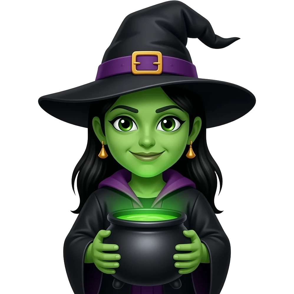 Bruxa com olheiras e com pele verde e com um caldeirão emoji