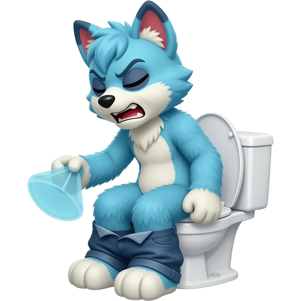 blue fursuit sitting on toilet, side view , pants down, pushing, eyes closed, straining face,  uncomfortable, red face, angry emoji