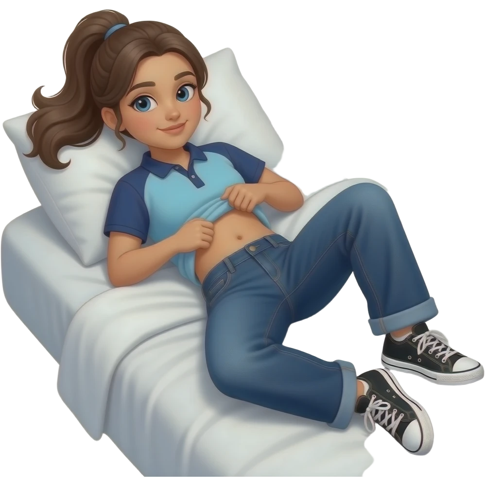 Hispanic girl with brown ponytail and blue eyes light blue and dark blue polo and dark blue baggy jeans and white and black sneakers and belly button laying down on her pillow on her bed lifting her shirt doing a belly rub emoji