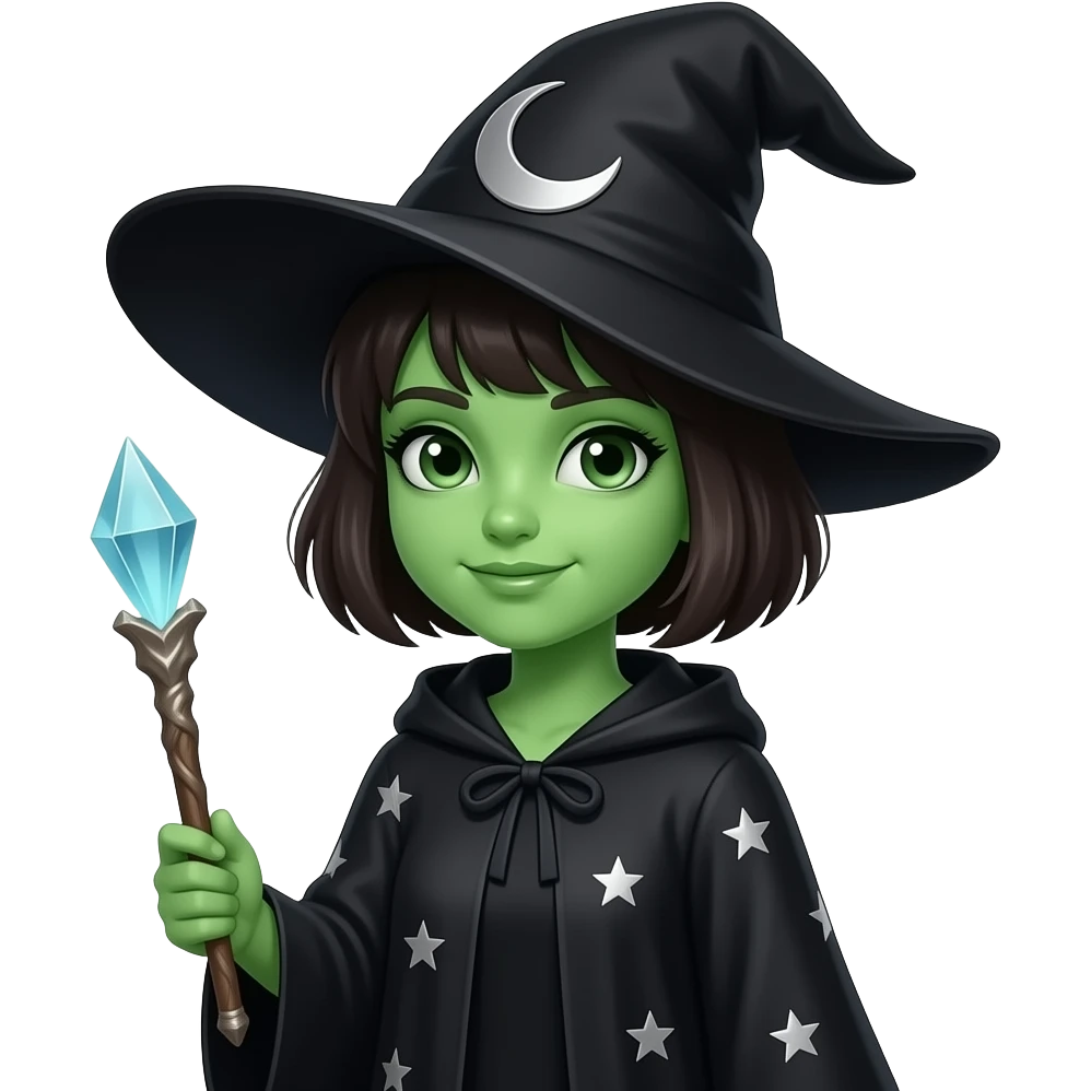bust shot of a green skin girl wearing witch outfit emoji