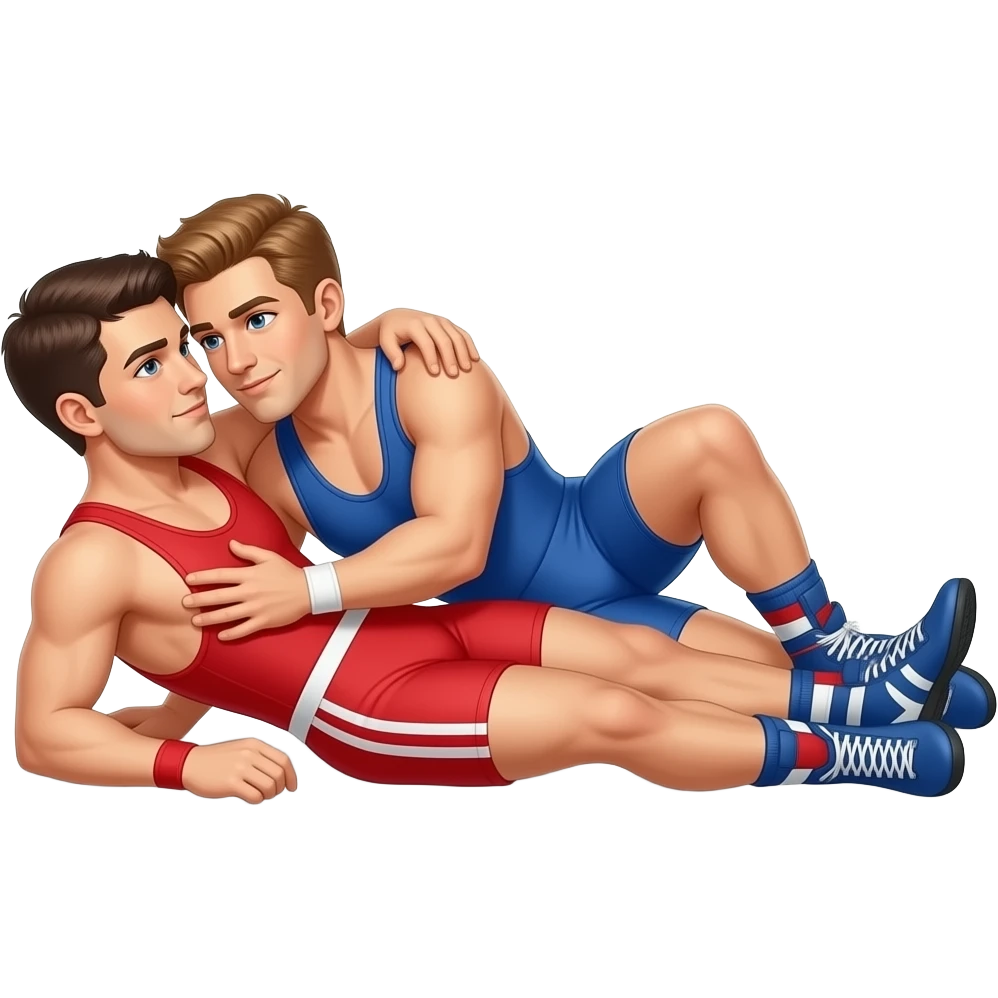 Erstelle ein Bild von zwei sexy Wrestler Männern. Sie tragen kurze, knappe und engen Wrestler-suits. die beiden haben unterschiedlich Farben an (rot und blau), sie liegen eng umschlungen, wild und innig auf dem Boden emoji