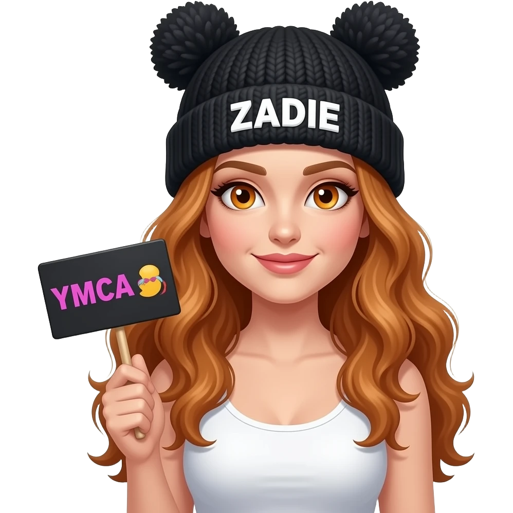 sexy girl with overlong wavy ginger hair and ginger eyes wearing a white tanktop and a black pom hat with ears with ZADIE written on it is holding a black sign with YMCA 💃 on it emoji