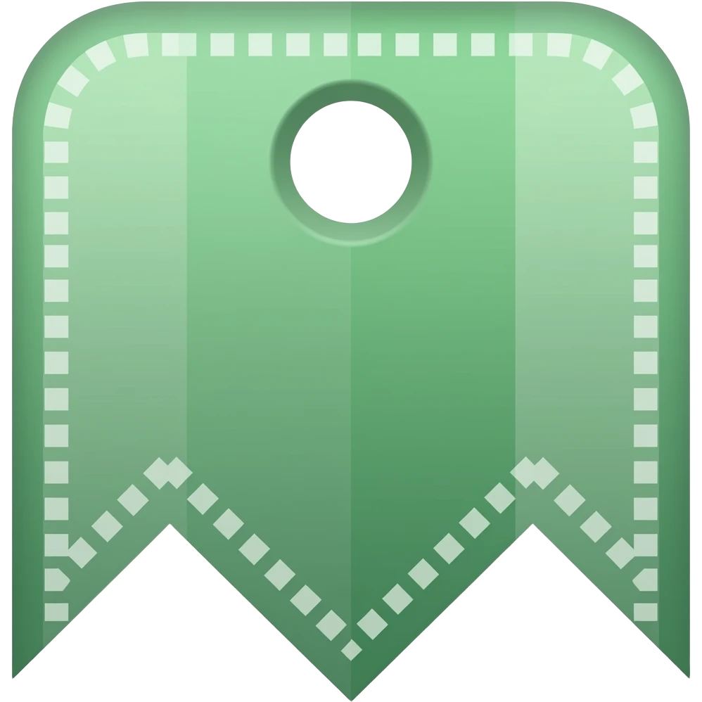 Large solid forest green bookmark icon, rounded top with circular hole, V-cut bottom, smooth 3D macOS emoji style, orthographic front view, transparent background. emoji