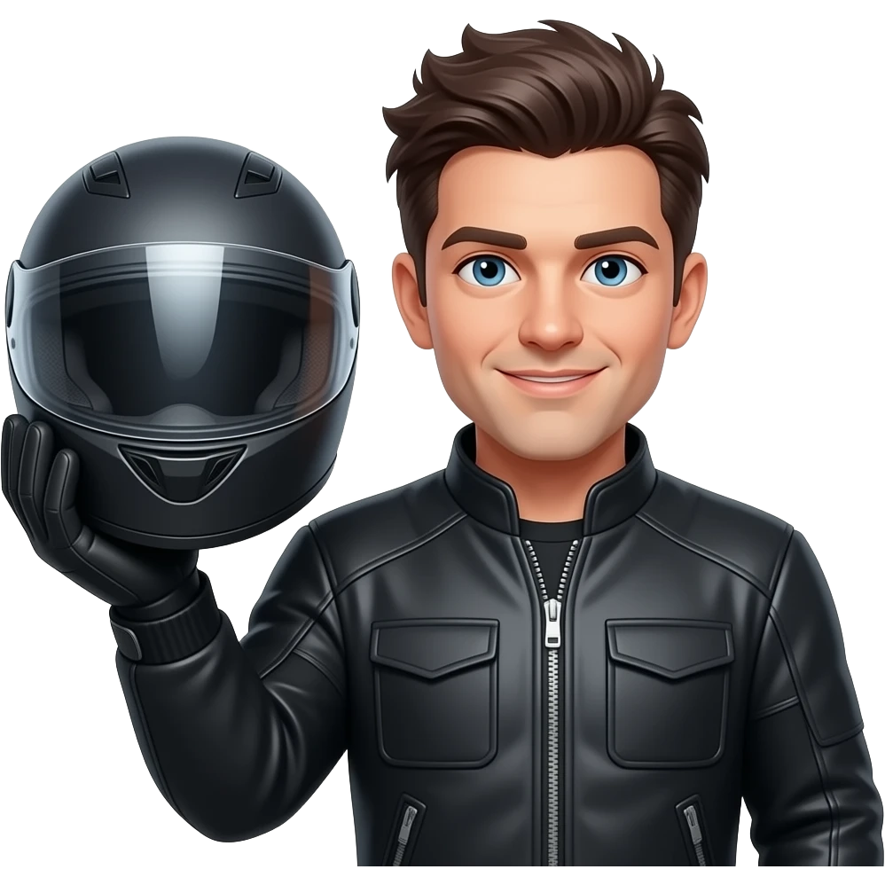 Ble-green eyed man with a little messy dark brown hair helding a helmet from motorcycle emoji