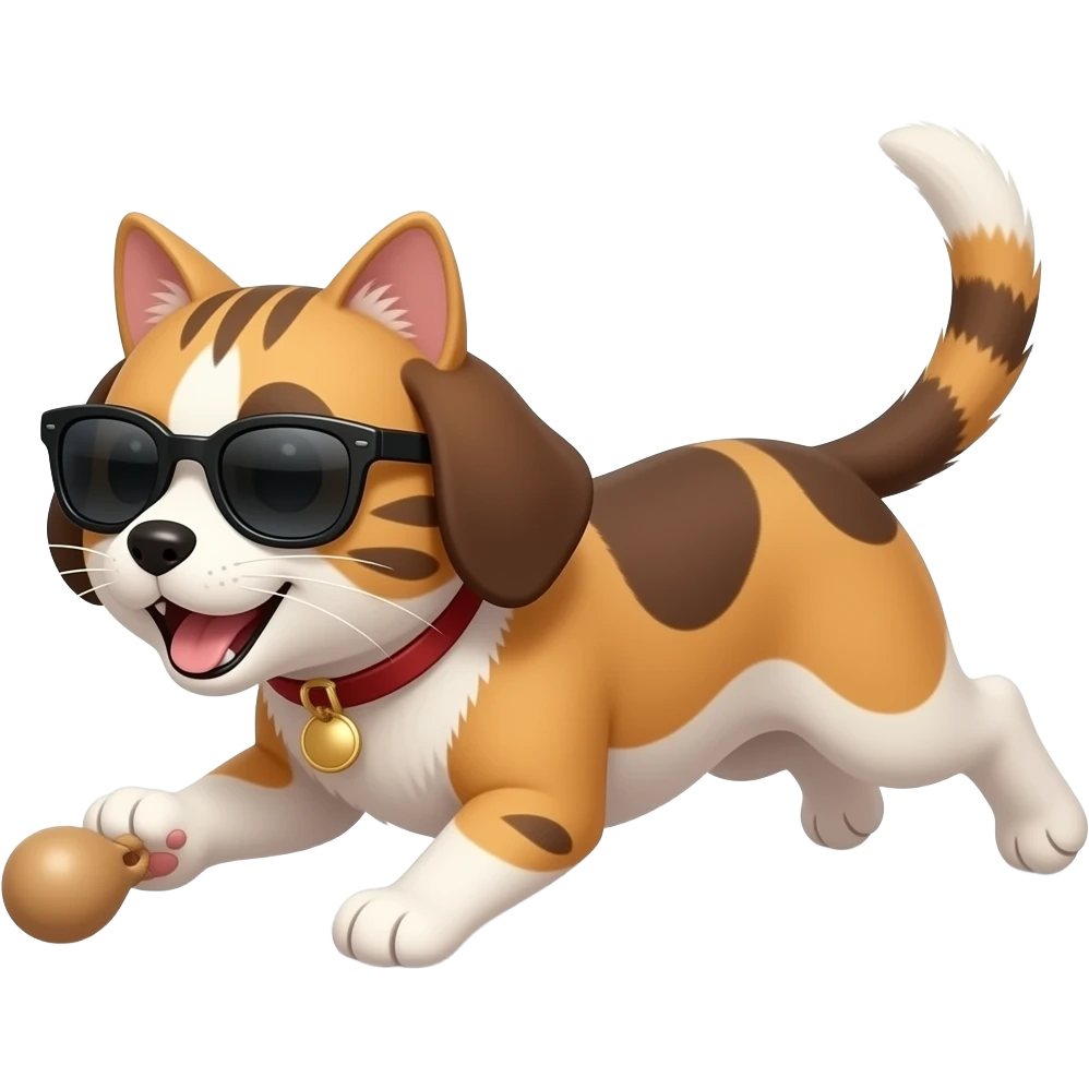 Cat wearing sunglasses and with a dog chasing the cat playing tag and there on all fours emoji