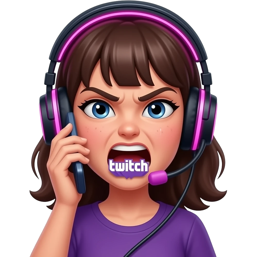 Twitch emote “АЛО?” with angry gamer girl screaming into phone, chaotic expression, pink neon glow, transparent background emoji