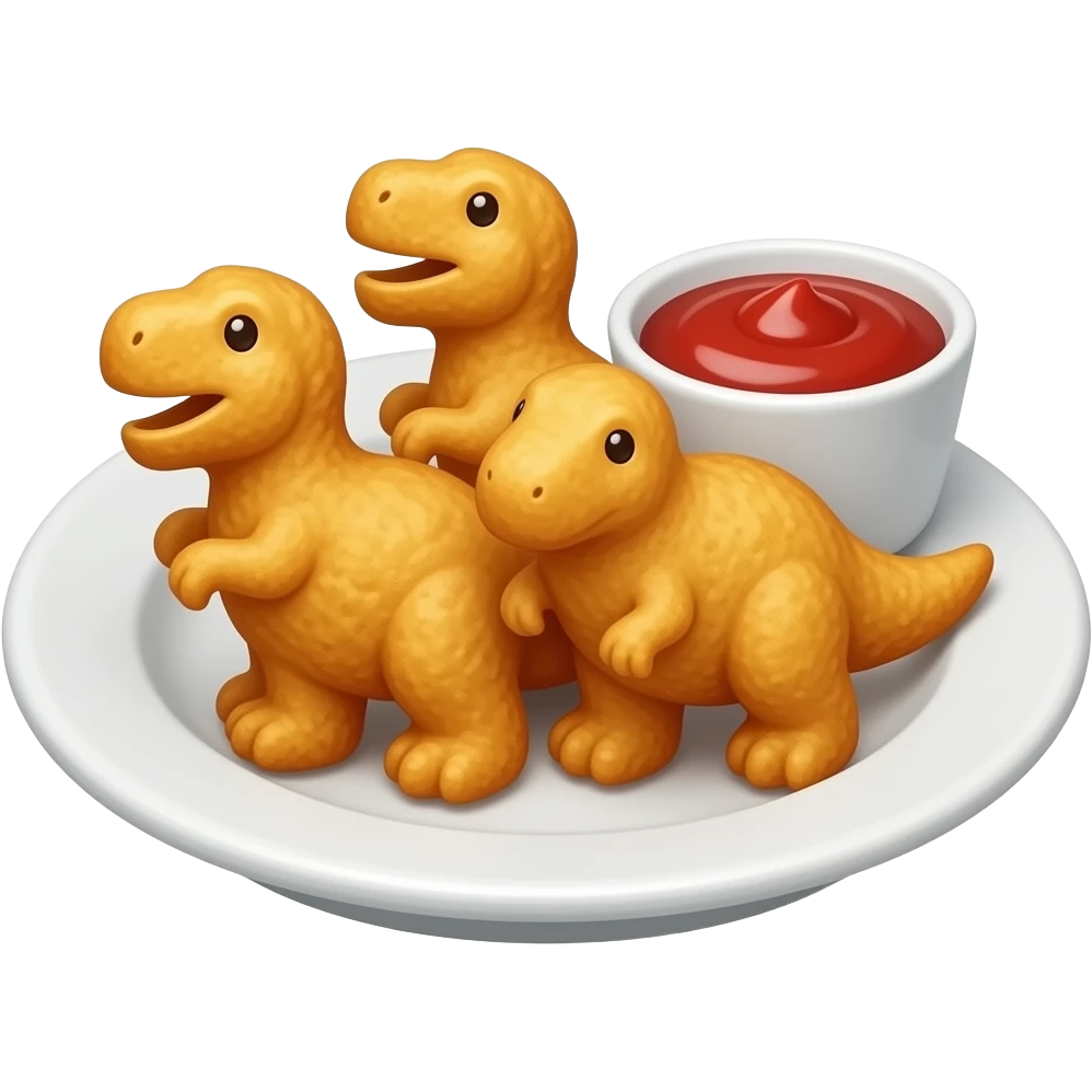 A white circle plate with 3 chicken nuggets shaped like dinosaurs and a little cup with ketchup on the side, transparent background emoji