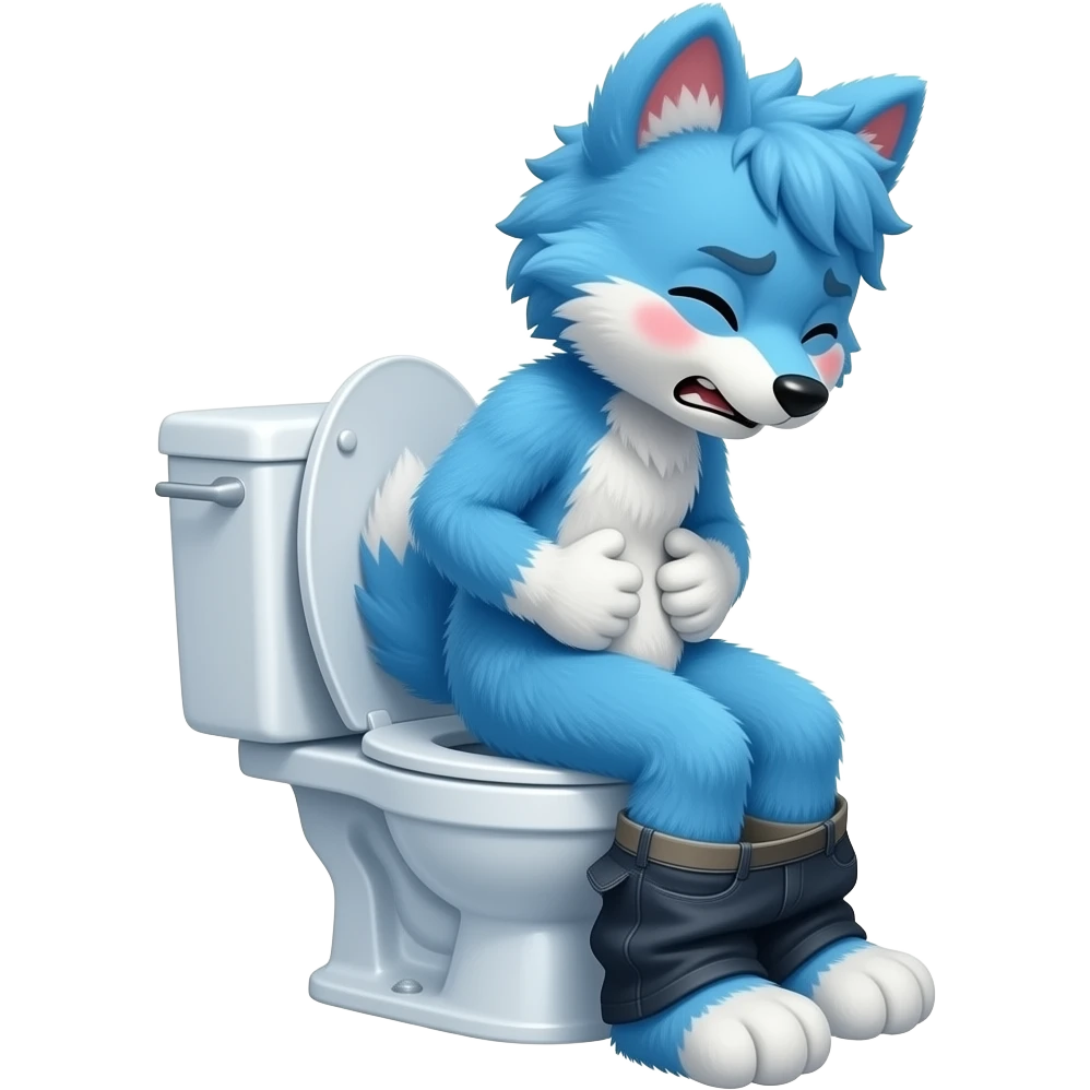 blue fursuit sitting on toilet, side view, pants down, straining face, blushing face, pain, pushing, both hands on stomach, discomfort, grunting, inside toilet see trough emoji