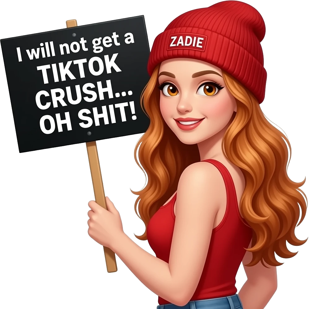 sexy girl with overlong wavy ginger hair and ginger eyes wearing a red tanktop and a red beanie with ZADIE written on it, is holding a black sign with I will not get a TIKTOK CRUSH... OH SHIT! written on it emoji