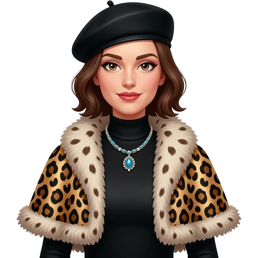 A glamorous woman wearing a black turtleneck dress, a leopard-print cape with fur trim and a black beret. She is adorned with a statement necklace. emoji
