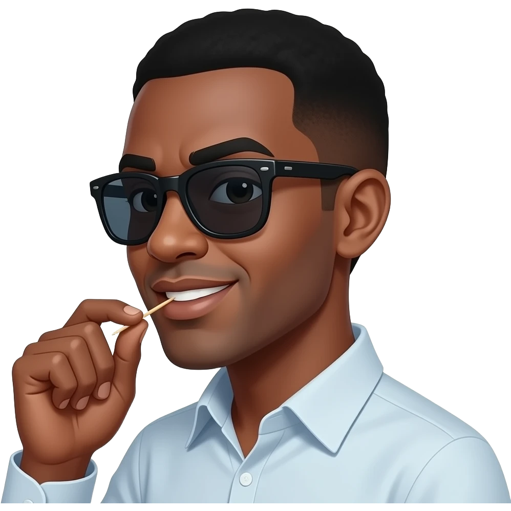 Serious side zed mouth one eye brow with up side african  face wear sun glases and shirt with toothpick in the mouth emoji