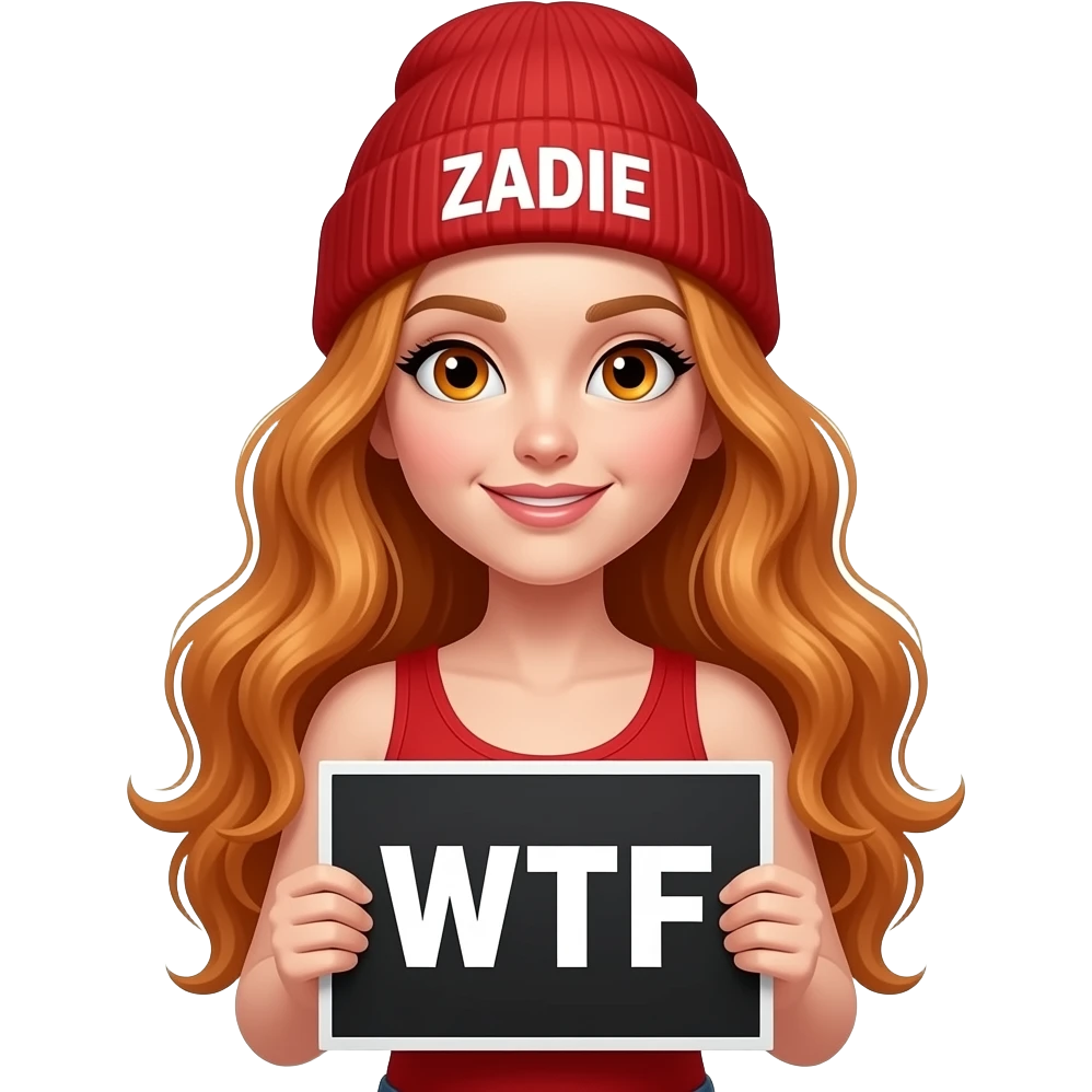 sexy girl with overlong wavy ginger hair and ginger eyes wearing a red tanktop and a red beanie with ZADIE written on it, is holding a black sign with WTF written on it emoji