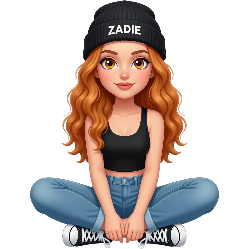 sexy girl with overlong wavy ginger hair and ginger eyes wearing a black tanktop and a black beanie with ZADIE written on it,  is sitting on the floor emoji