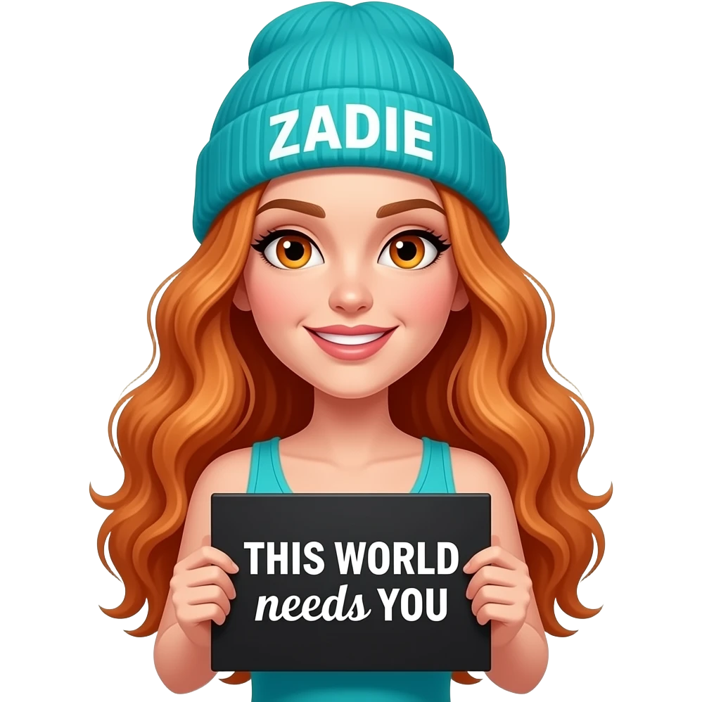 sexy girl with overlong wavy ginger hair and ginger eyes wearing a turquoise tanktop and a turquoise beanie with ZADIE written on it, is holding a black sign with This WORLD needs YOU written on it emoji