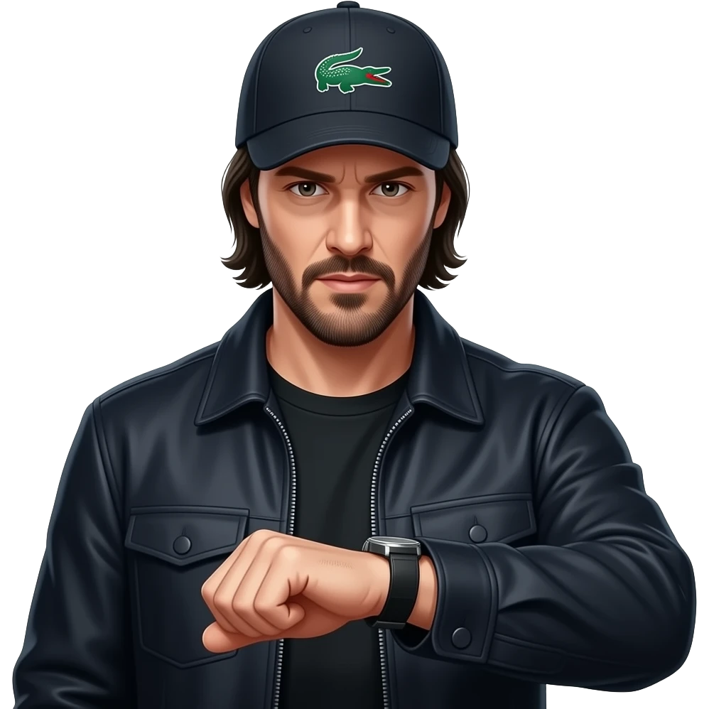 Джон уик киану ривз в кепке lacoste и темной кофте смотрит на часы на руке emoji