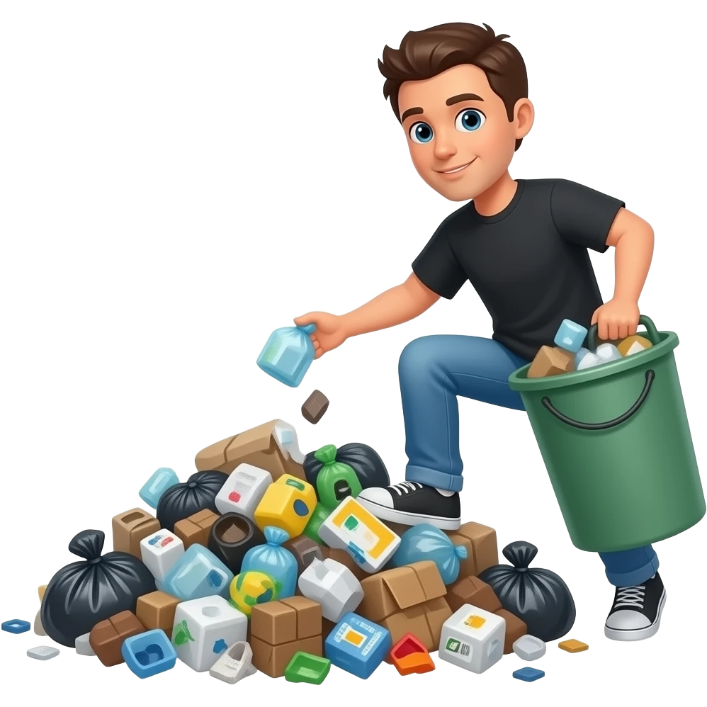 Haz una persona recogiendo la basura pero después entrando en la basura emoji