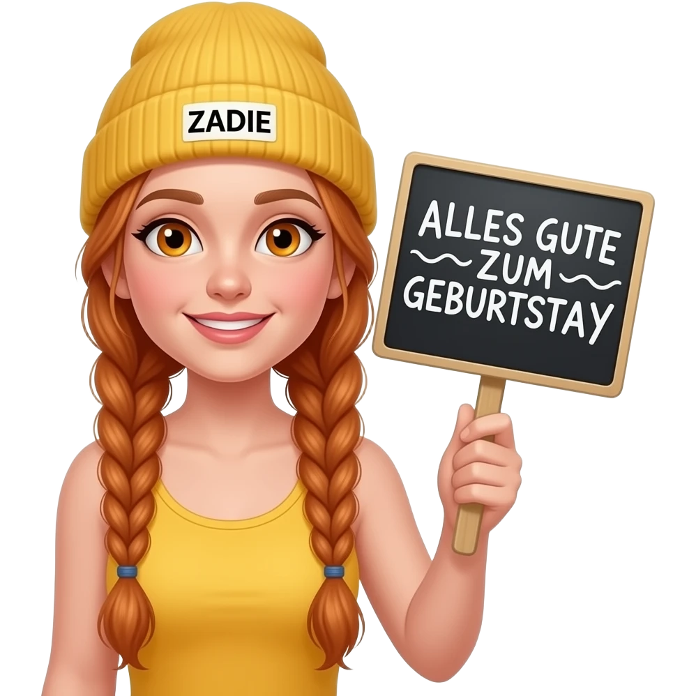 sexy girl with overlong ginger braids and ginger eyes wearing a yellow tanktop and a yellow beanie with ZADIE written on it, is holding a black sign with ALLES GUTE ZUM GEBURTSTAG written on it emoji