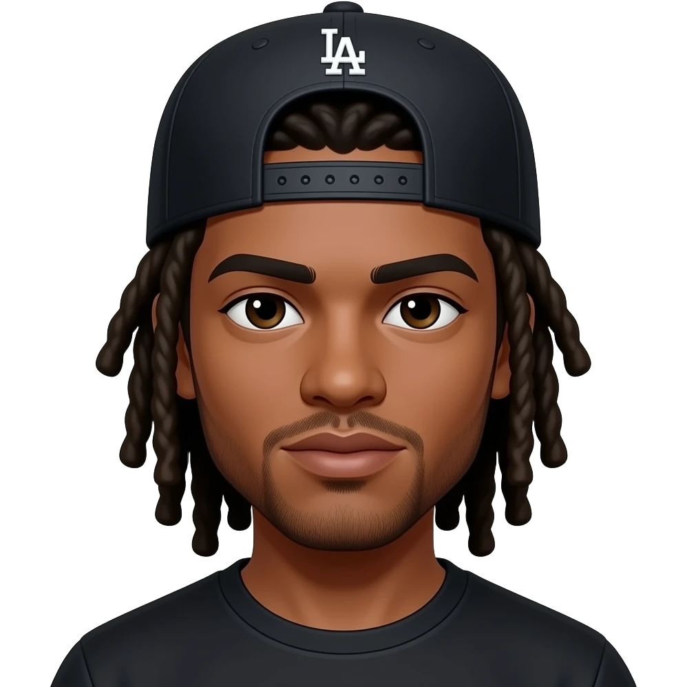 black mixed lighter light skin guy with a black LA dodgers hat black worn backwards with shoulder length dreads emoji