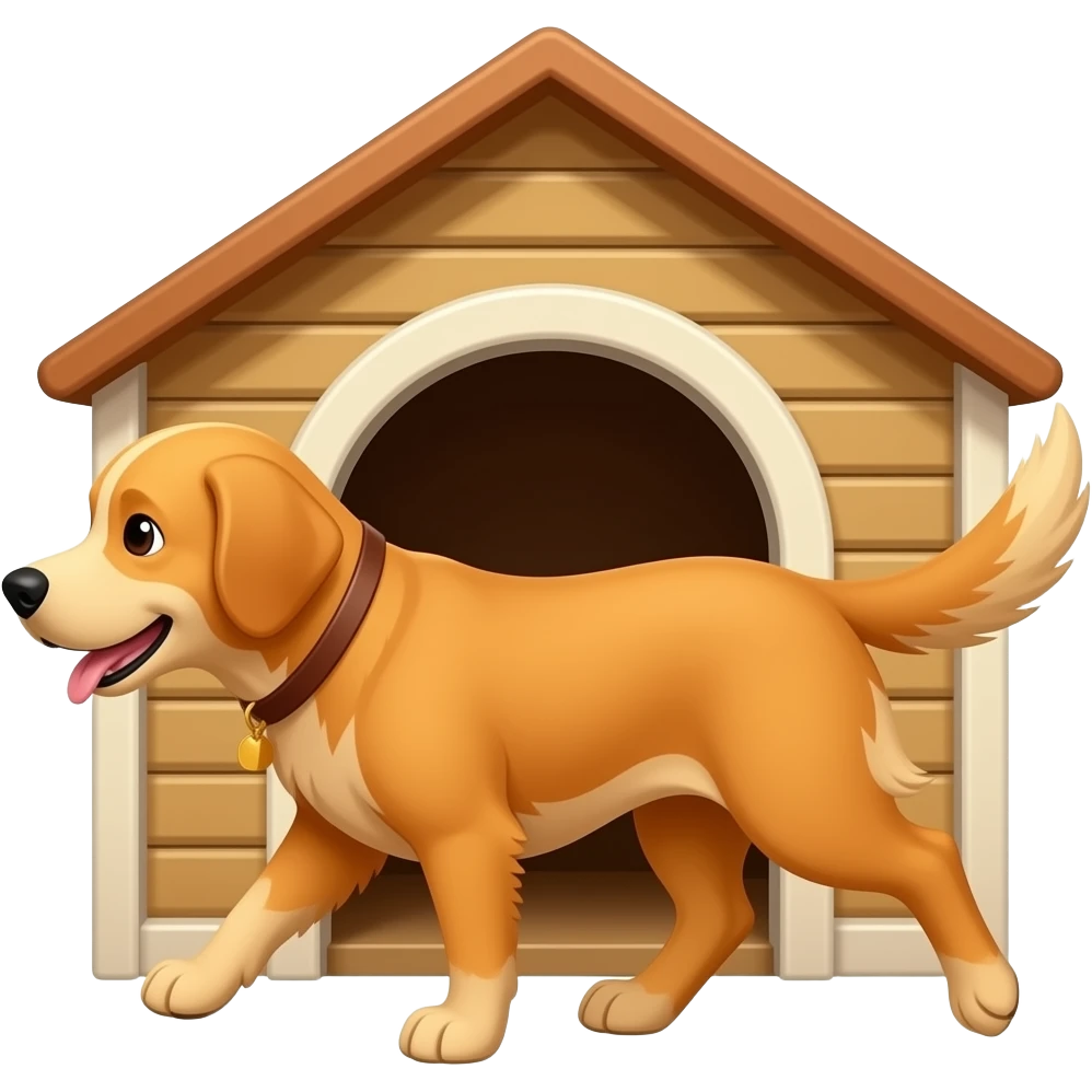 The Golden dog walks into the doghouse. emoji