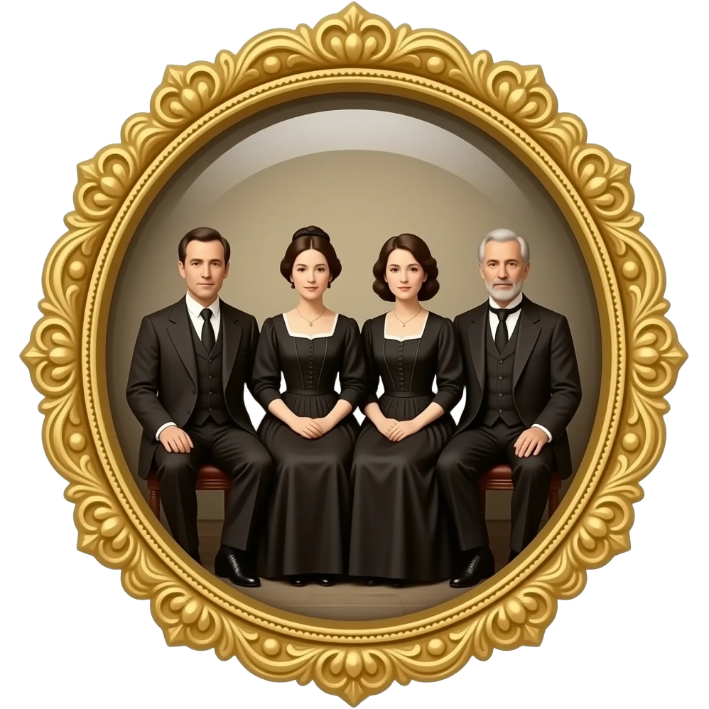 two mothers and two fathers depicted in sitting poses as in daguerreotypes posing in vintage bourgeois suits - on glass in daguerreotype brooch format emoji