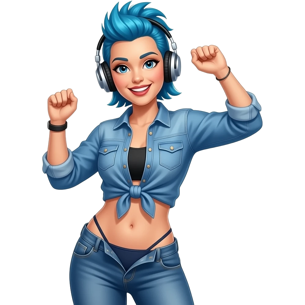dancing headphones she gives a slightly flirtatious look smile full-body shot of a king blue hair punk woman with her jeans unbuttoned white background with a colorful small floral pattern thong; denim shirt unbuttoned; no bra emoji